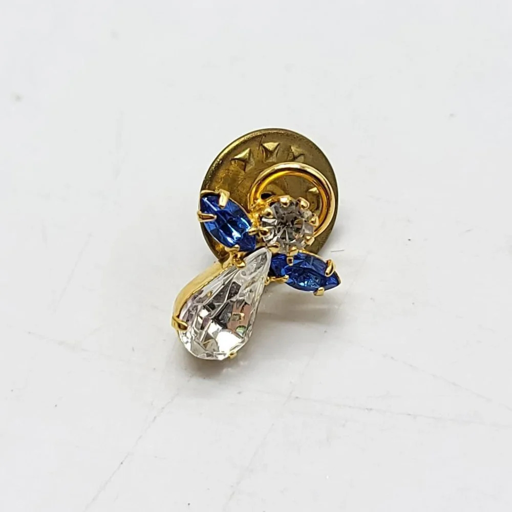Gold Tone Clear Blue Glass Angel Halo Pin Brooch